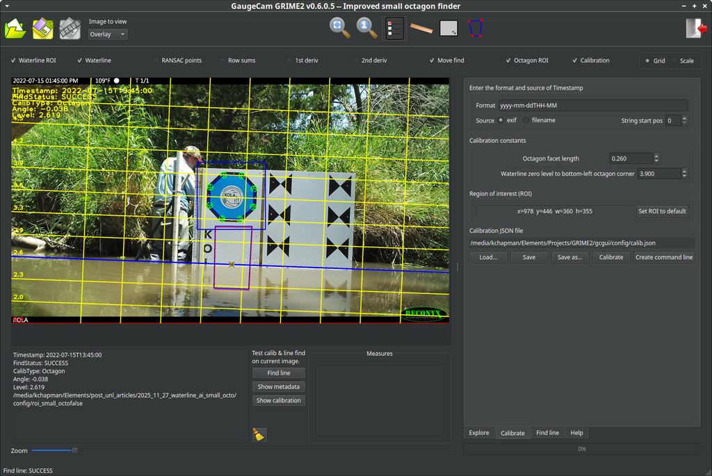 GRIME2 GaugeCam interface showing camera calibration, staff-gauge overlay, and automated waterline detection
